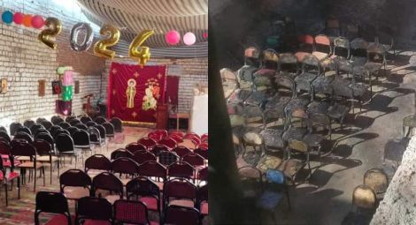 The temporary church building in Mishaat Zaafaranah before and after the arson attack of 6 January.
