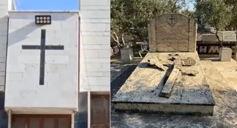 Damage to the Orthodox church in Hama (L) and cemetery in Mhareh (R).