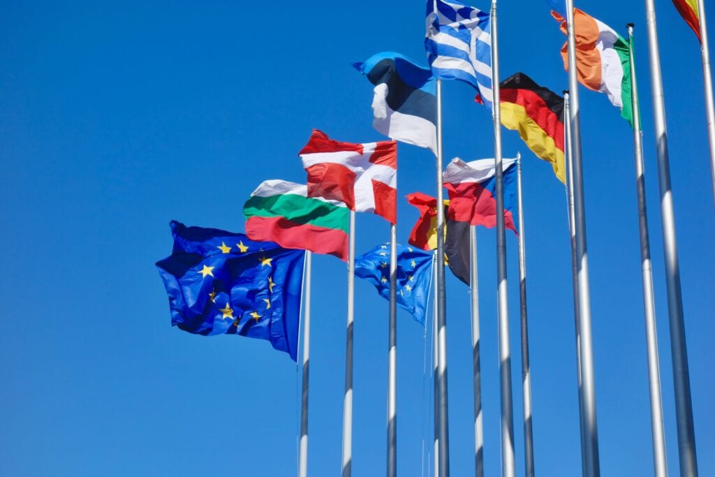 European flags flying in Strasbourg.
