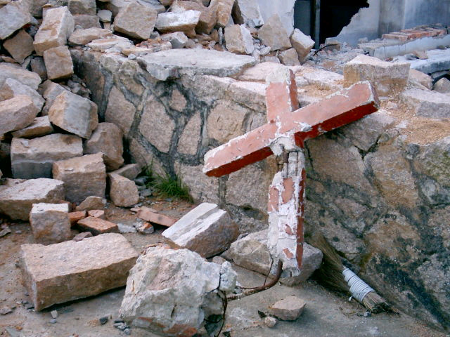 Bulldozed House (church) of Sha Ao-4 with broken cross
