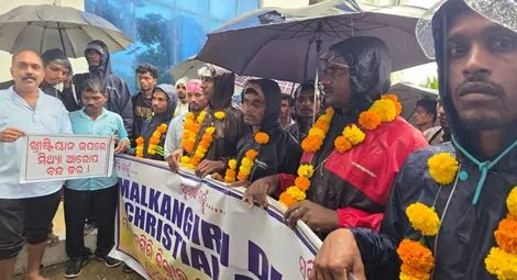 Protesters at a rally in Malkangiri on 2 July 2025.