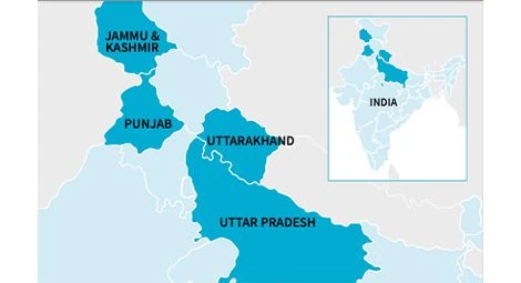 Map showing the regions of Jammu & Kashmir, Punjab, Uttarakhand and Uttar Pradesh