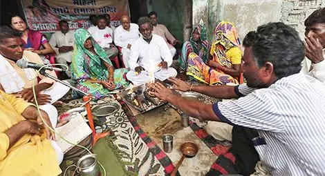 A ghar wapsi or homecoming ceremony, in which non-Hindus are forcibly converted to Hinduism.