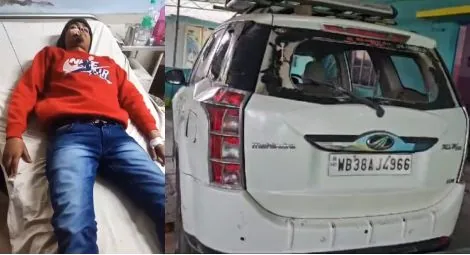 Shubam Verma receives treatment for his injuries (L); the damaged car of Pastor Paul Asansol (R)
